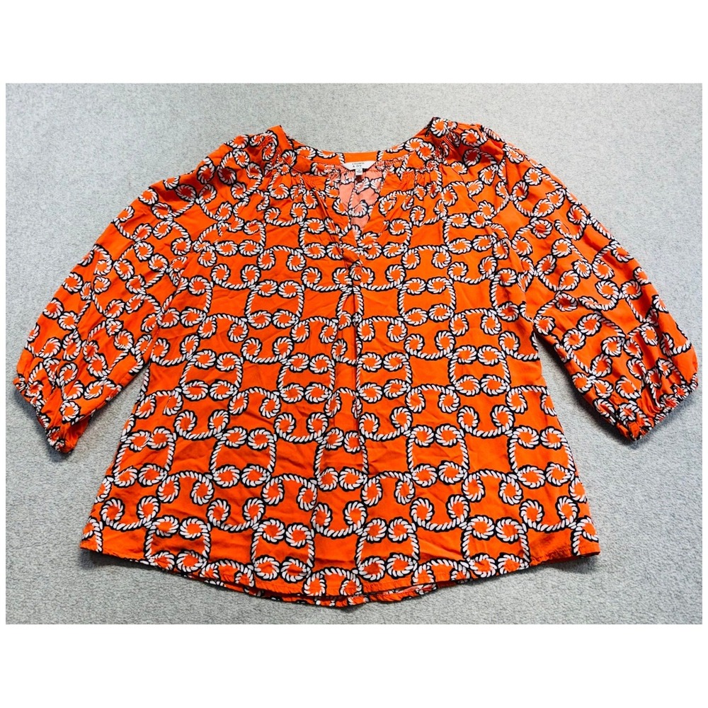 Crown & Ivy Blouse Womens M Orange Nautical Rope Print V Neck 3/4 Sleeve Coastal
